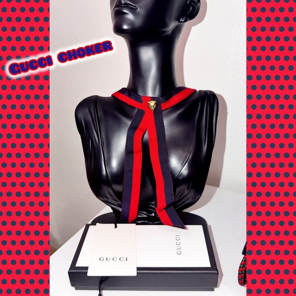 #166 Gucci Red and Blue Ribbon Tiger Necklace Choker